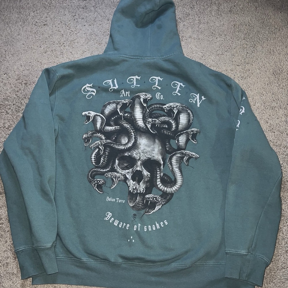 Sullen Craft Collection Hoodie Mens Large Green Pullover Tattoo Skull Art